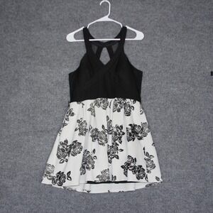 Crystal Doll Black White Rose Print Halter Neck Fit Flare Dress‎ XL Grunge Goth